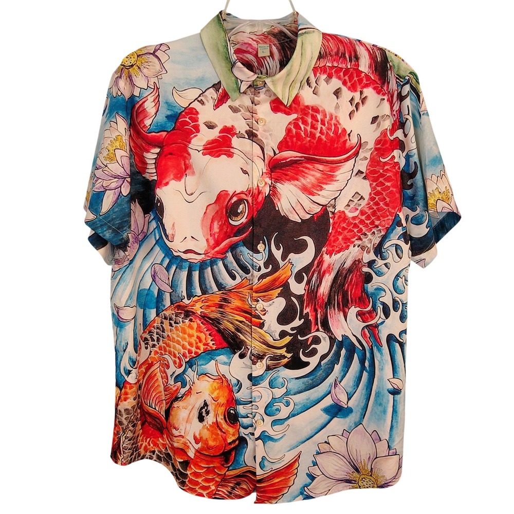 Mens Koi Fish Lotus Flower Graphic Button Down Shirt Large Short Sleeve Red Blue